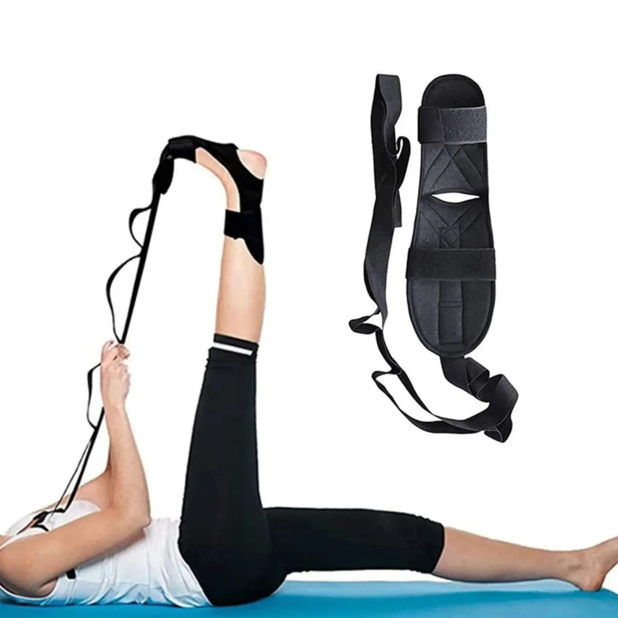 Woman using yoga ligament stretching belt for flexibility training