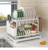 2-Tier Dish Drying Rack with Cutlery Holder, Cup Hooks & Draining Tray