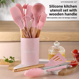 12PCS Silicone Kitchen Utensils Set – Non-Stick Cookware Tools with Wooden Handles