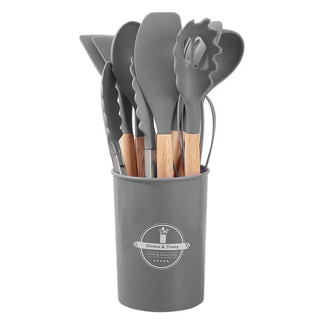12PCS Silicone Kitchen Utensils Set – Non-Stick Cookware Tools with Wooden Handles