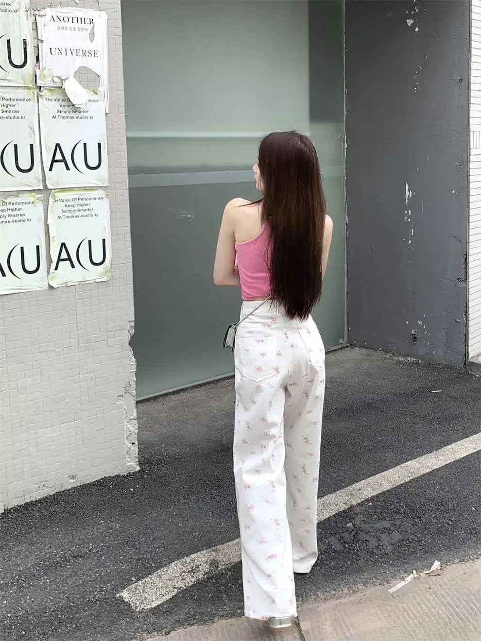 White Floral Straight Jeans for Women