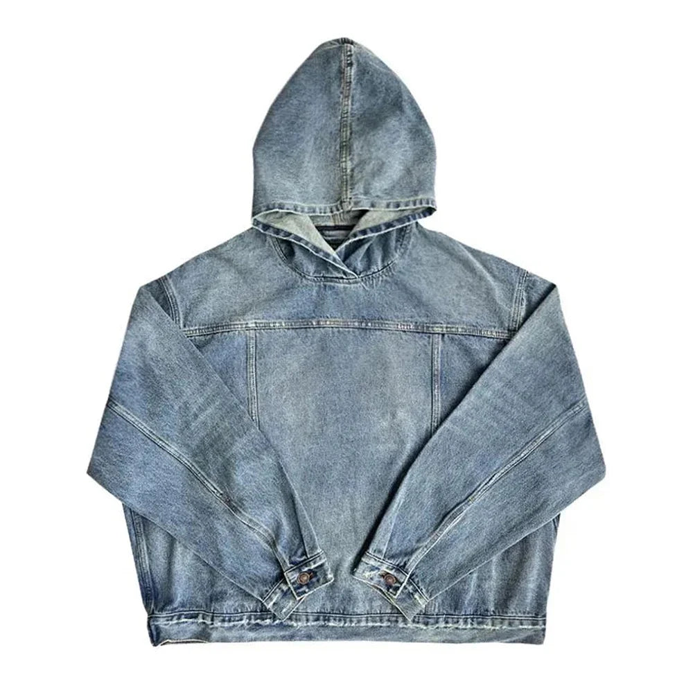 Unisex Distressed Denim Hoodie – Retro Washed Streetwear Sweatshirt