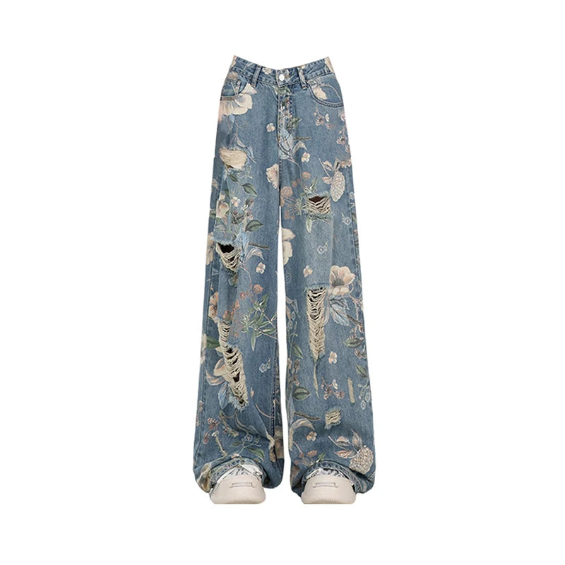 Women’s Vintage Blue Baggy Jeans – Ripped Y2K Cowboy Denim & Harajuku Graphic Print
