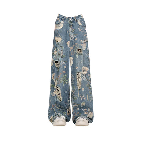 Women’s Vintage Blue Baggy Jeans – Ripped Y2K Cowboy Denim & Harajuku Graphic Print