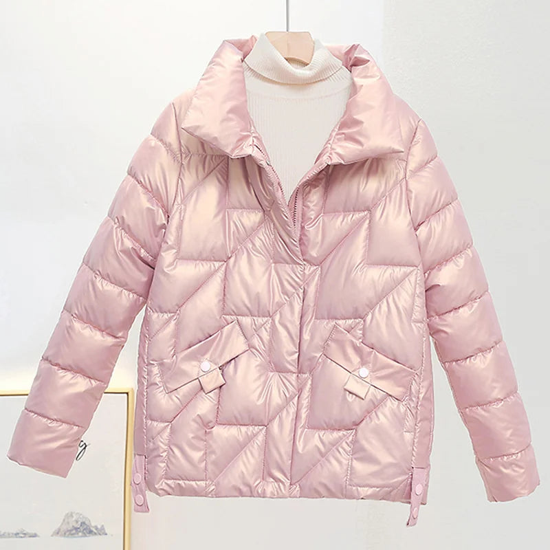 2025 Women’s Winter Parka – Glossy Down Cotton Jacket with Stand Collar | Casual Warm Short Coat Female Outwear