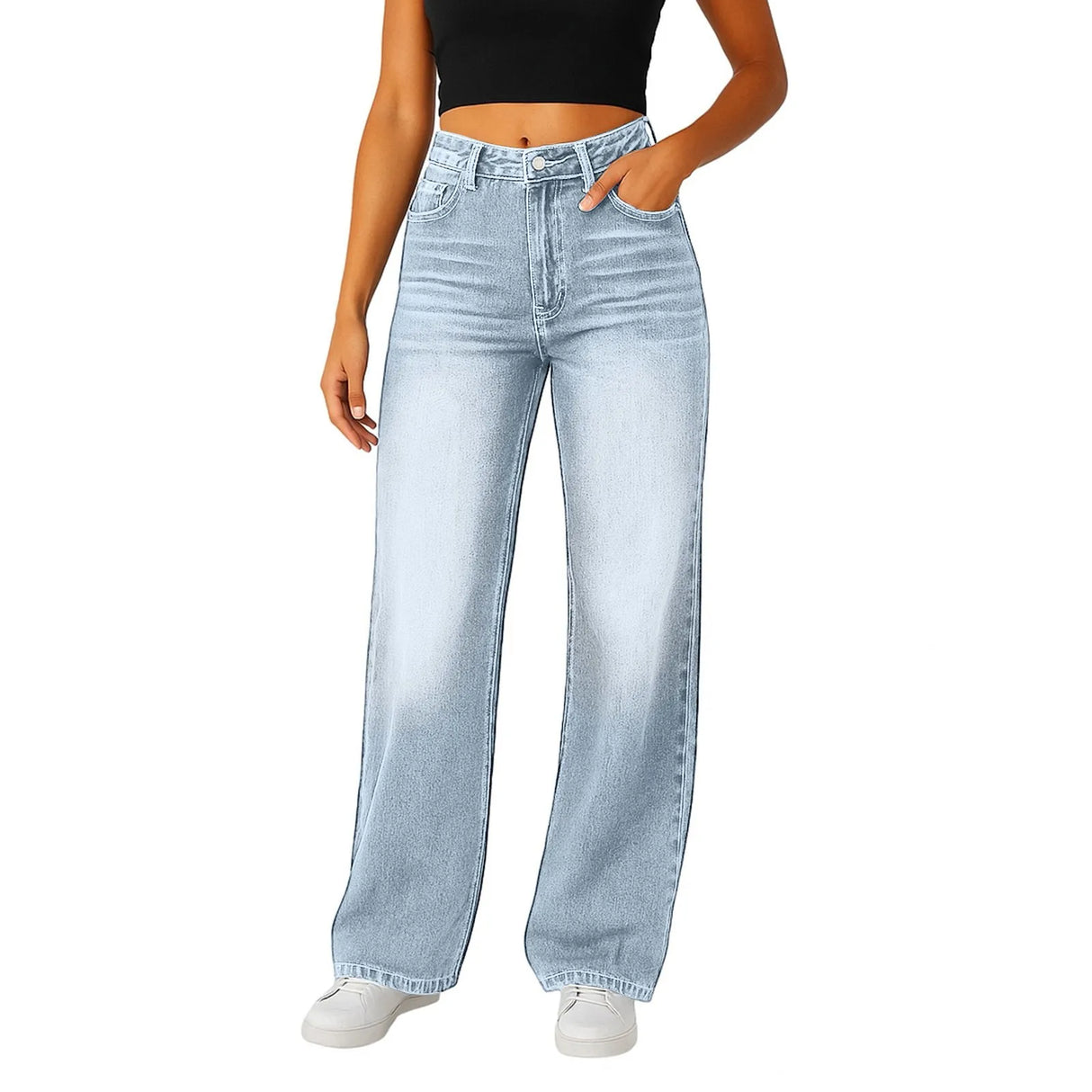 Wide-Leg Jeans for Women – Light Blue High-Waisted Loose-Fit Trousers | Simple Design Fashion Denim for Daily Wear