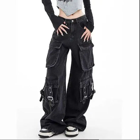 Black Gothic Punk Multi-Pocket Zipper Denim Jeans – Y2K Baggy