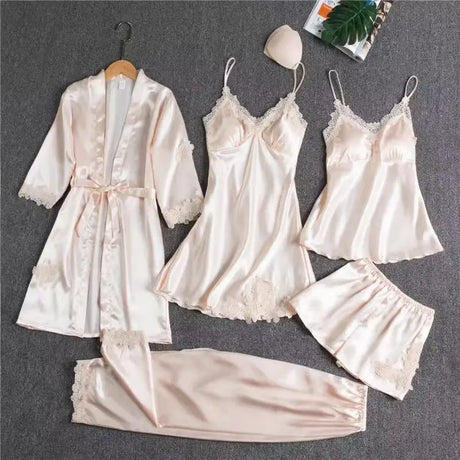 Women’s Satin Pajama Set – Lace Trim Sleepwear with Robe and Pants