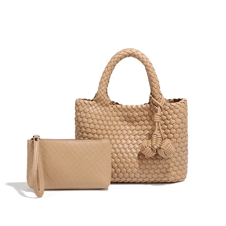 Woven Shoulder Bag for Women – Vegan Leather Tote Bag with Mini Handmade Purse | Stylish Crossbody Bag for Travel, Work & Everyday Use