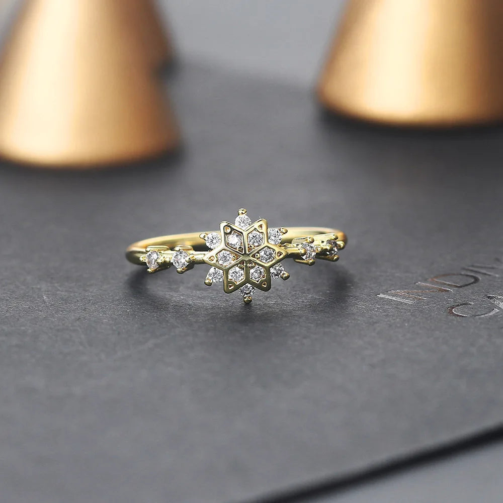 Snowflake Ring for Women – Korean Cute Zircon Light Gold Wedding Ring | Wholesale Fashion Jewelry Christmas Gift KCR093