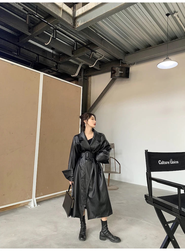 Lautaro Long Leather Trench Coat – Oversized Fall Streetwear for Women