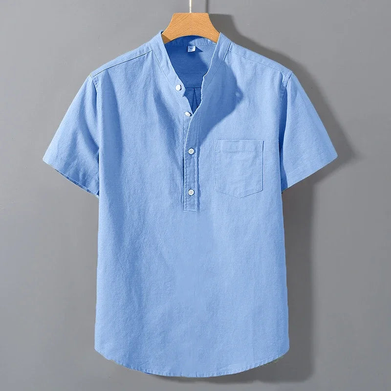 Men’s Short Sleeve Solid Color Stand Collar Cotton Shirt
