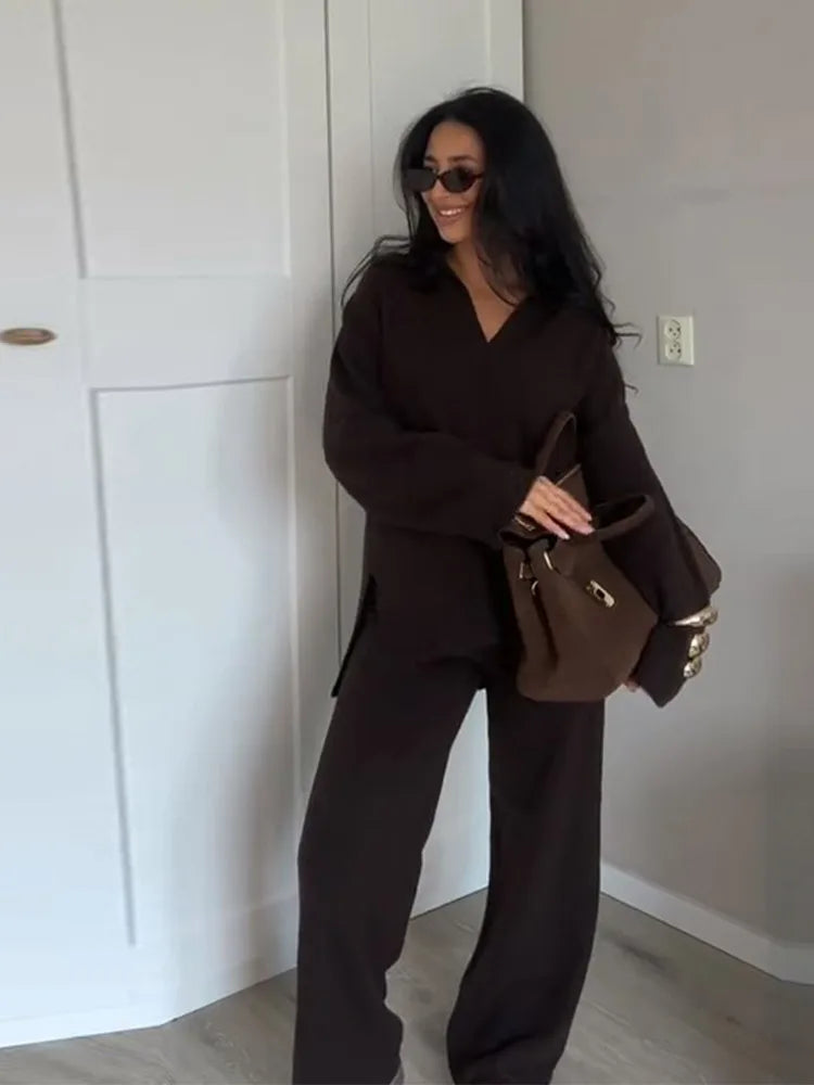 Brown V-Neck Knit Shirt and Pants