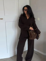 Brown V-Neck Knit Shirt and Pants