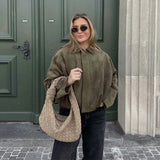 Women’s Bomber Jacket – Vintage Fashion Turn-Down Collar Loose Fit Coat | Long Sleeve Casual Outerwear Chic Streetwear Tops