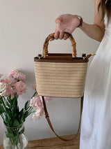 Hand Knitted Women’s Straw Bucket Handbag with Wooden Handle
