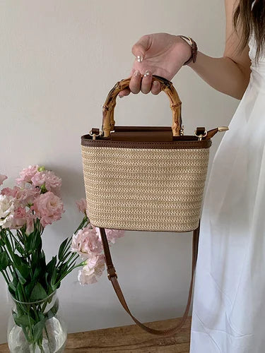 Hand Knitted Women’s Straw Bucket Handbag with Wooden Handle