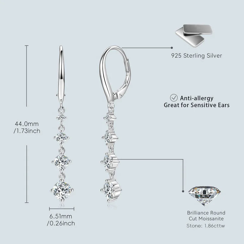 Anziw 42mm Moissanite Drop Earrings – 925 Sterling Silver Long Dangle Hoop Clip Earrings | Wedding Fine Jewelry Gift for Women
