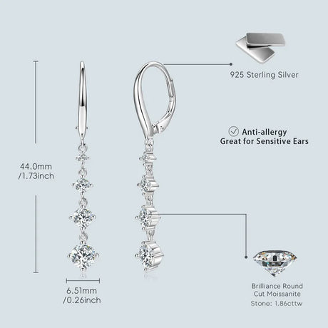 Anziw 42mm Moissanite Drop Earrings – 925 Sterling Silver Long Dangle Hoop Clip Earrings | Wedding Fine Jewelry Gift for Women