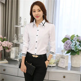 Women’s Long-Sleeve Slim Fit Office Shirt – White/Blue Formal Turn-Down Collar Blouse