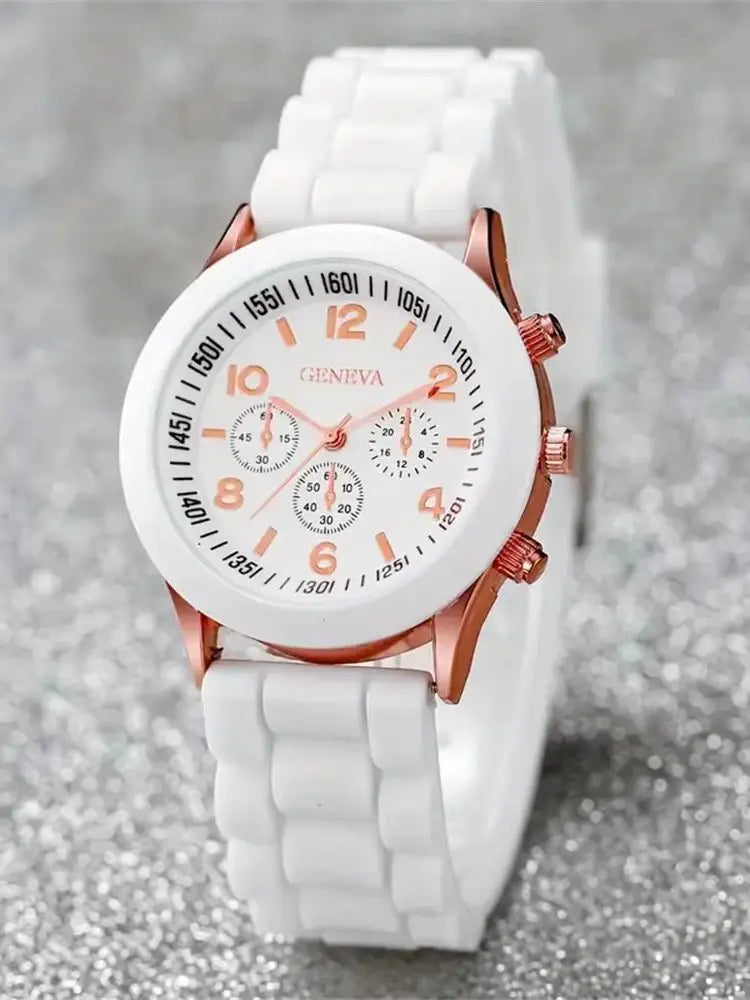 6PCS/Set Women's Watches Casual Silicone Band Analog Quartz Watch Heart Pearls Jewelry Set (Without Box)