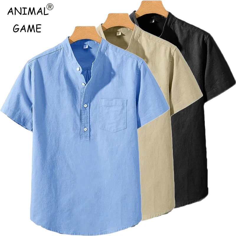 Men’s Short Sleeve Solid Color Stand Collar Cotton Shirt