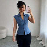 Women’s Elegant Summer Imitation V-Neck Jean Top