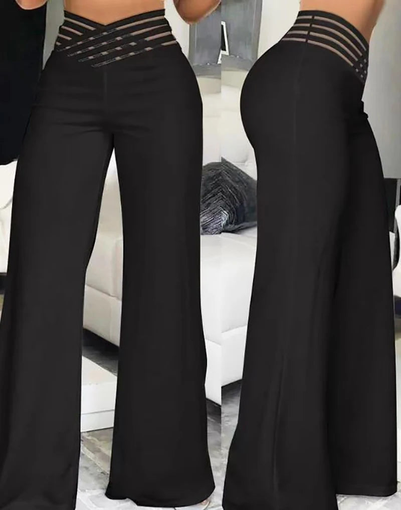 High Waist Wide Leg Pants – Elegant Mesh Patchwork Trousers