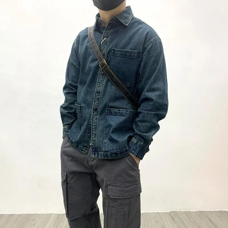 Men’s Workwear Denim Jacket – Japan Retro Multi-Pocket Loose Fit Shirt Jacket for Autumn & Winter | Unisex European & American Streetwear