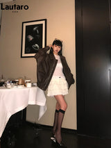 Vintage Distressed PU Jacket – Oversized Brown Runway Style