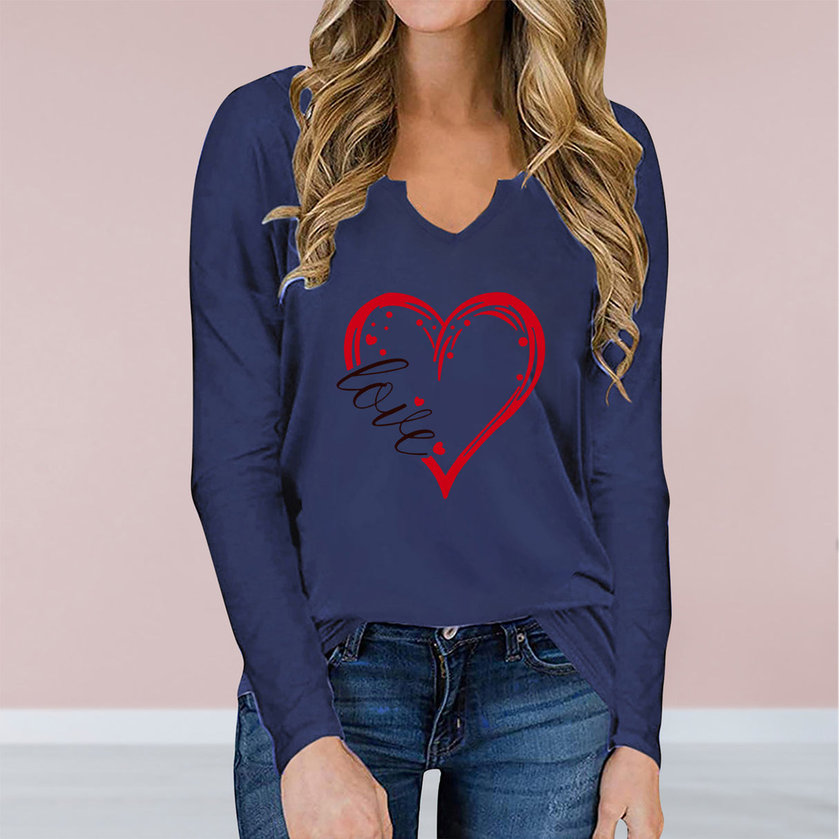 V-Neck Valentine’s Day Printed T-Shirt – Long Sleeve Loose Fit Top | Casual Romantic Women’s Shirt