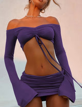 Drawstring Drop Ruched Off Shoulder Two-piece Skirt Set Y2K Long Sleeve Top & Bodycon Skirt Outfits Women's Clothing