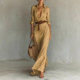 Irregular Long Shirt Dress with Belt – Elegant Button Lapel Long Sleeve Dress | Office & Daily Commuting Women’s Fashion