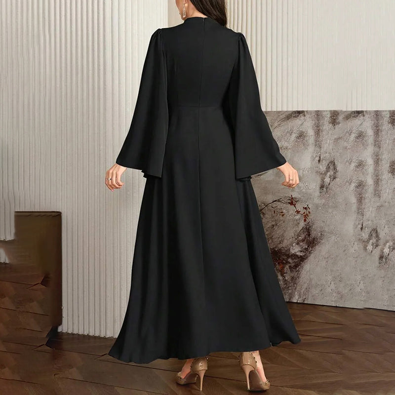 Women’s Middle Eastern Flare Sleeve Maxi Dress – High Neck Twist Waist A-Line Gown | Elegant Modest Evening Dress