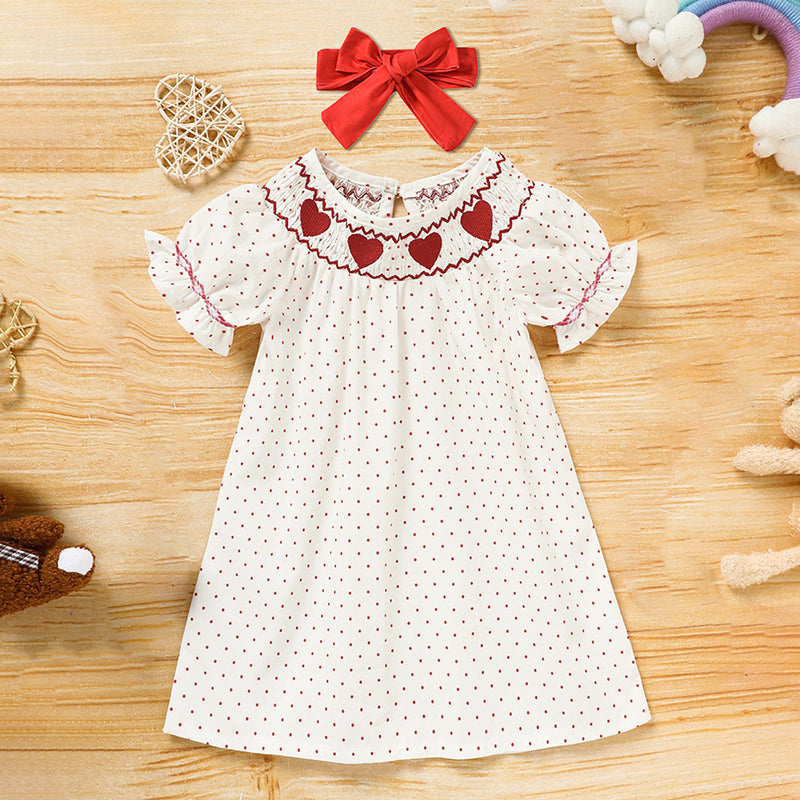 Baby Girl Valentine’s Day Dress – Red Heart Embroidered Smocked Princess Party Dress with Headband | Short Sleeve Outfit
