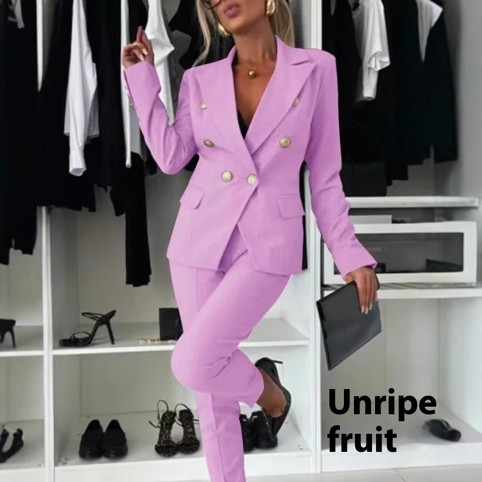 Women’s Casual Blazer Suit – Slim Lapel Double-Breasted Jacket & Zip-Up Trousers | Elegant Modern Two-Piece Outfit
