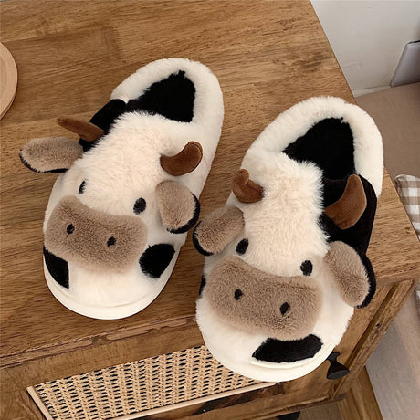Cute Cow Animal Slippers for Women & Girls – Kawaii Soft Fluffy Winter Warm Cartoon Milk Cow House Slippers