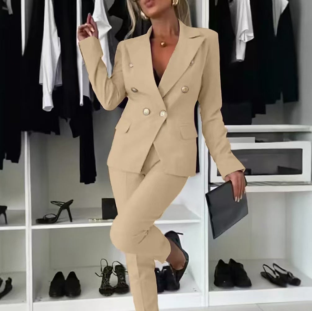 Women’s Casual Blazer Suit – Slim Lapel Double-Breasted Jacket & Zip-Up Trousers | Elegant Modern Two-Piece Outfit