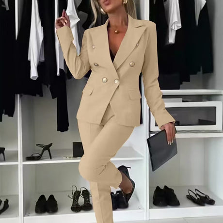 Women’s Casual Blazer Suit – Slim Lapel Double-Breasted Jacket & Zip-Up Trousers | Elegant Modern Two-Piece Outfit