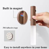 LED Motion Sensor Night Light – USB Rechargeable Magnetic Wood Wall Lamp | Wireless PIR Cabinet Light for Hallway, Closet & Porch