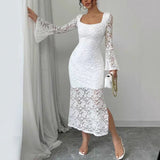 Lace Patchwork Square-Neck Bodycon Dress – Flared Sleeve Elegant Women’s Dress | Chic Fashion Evening & Party Wear