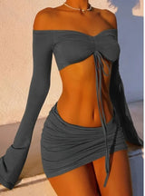 Drawstring Drop Ruched Off Shoulder Two-piece Skirt Set Y2K Long Sleeve Top & Bodycon Skirt Outfits Women's Clothing