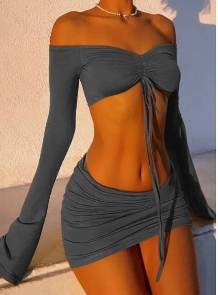 Drawstring Drop Ruched Off Shoulder Two-piece Skirt Set Y2K Long Sleeve Top & Bodycon Skirt Outfits Women's Clothing