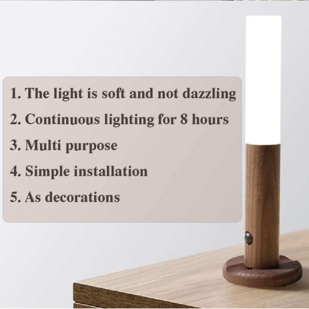 LED Motion Sensor Night Light – USB Rechargeable Magnetic Wood Wall Lamp | Wireless PIR Cabinet Light for Hallway, Closet & Porch