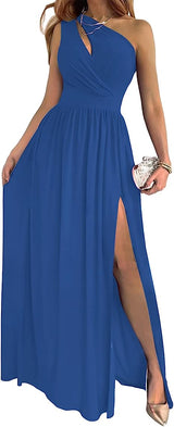 Women’s One-Shoulder High Split Cutout Maxi Dress – Elegant Sleeveless Cocktail & Evening Gown