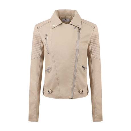 Women’s PU Leather Motorcycle Jacket – Short Slim-Fit Washed Leather Biker Coat with Oblique Zipper