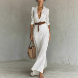 Irregular Long Shirt Dress with Belt – Elegant Button Lapel Long Sleeve Dress | Office & Daily Commuting Women’s Fashion