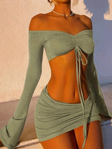 Drawstring Drop Ruched Off Shoulder Two-piece Skirt Set Y2K Long Sleeve Top & Bodycon Skirt Outfits Women's Clothing