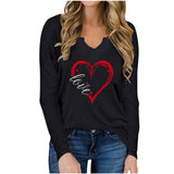 V-Neck Valentine’s Day Printed T-Shirt – Long Sleeve Loose Fit Top | Casual Romantic Women’s Shirt