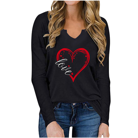 V-Neck Valentine’s Day Printed T-Shirt – Long Sleeve Loose Fit Top | Casual Romantic Women’s Shirt